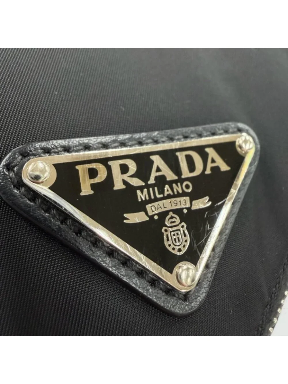 Prada Nylon Leather Re-Nylon Triangle Logo Shoulder Bag Black Silver with Plate